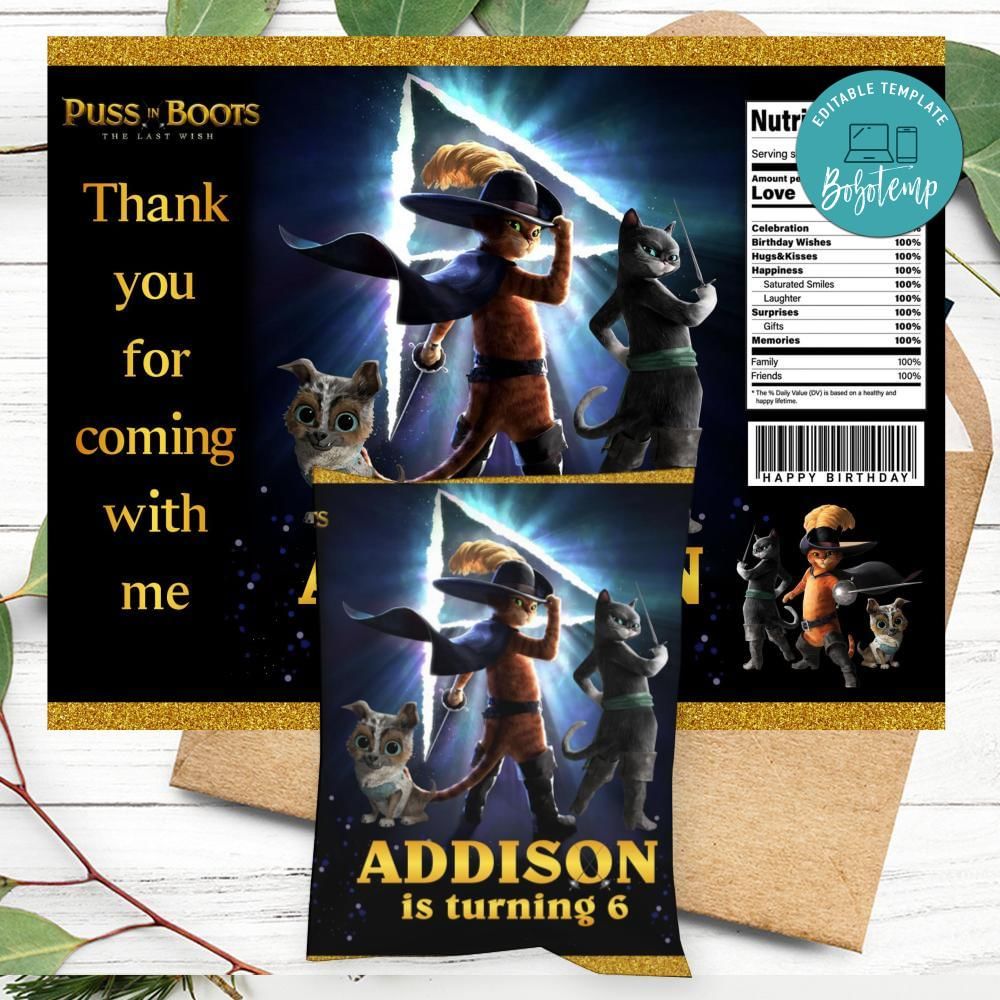 Puss in Boots Birthday Party Chip Bag Digital File Printable Bobotemp