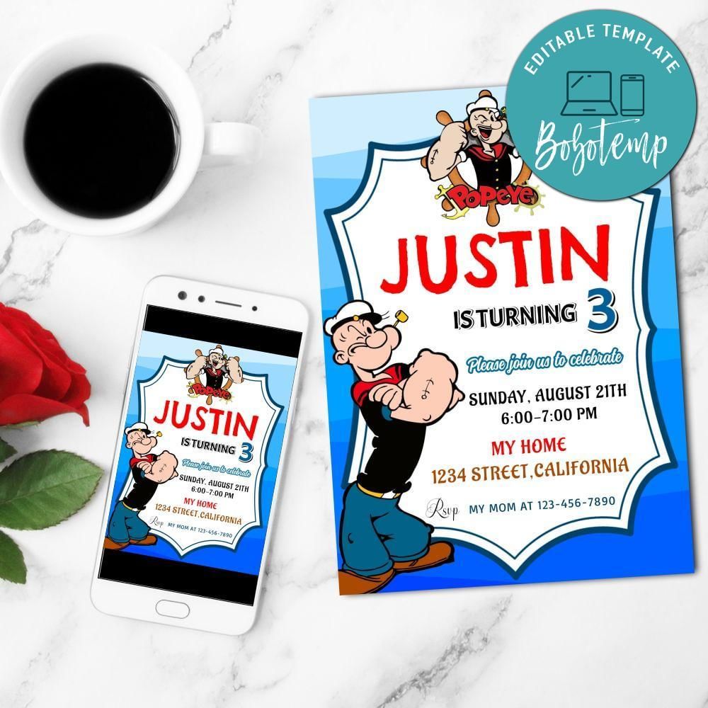 Popeye Mobile Invite Customizable Template Instant Download