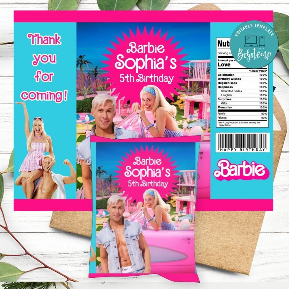 Barbie Birthday Party Chip Bag Digital File DIY | Bobotemp