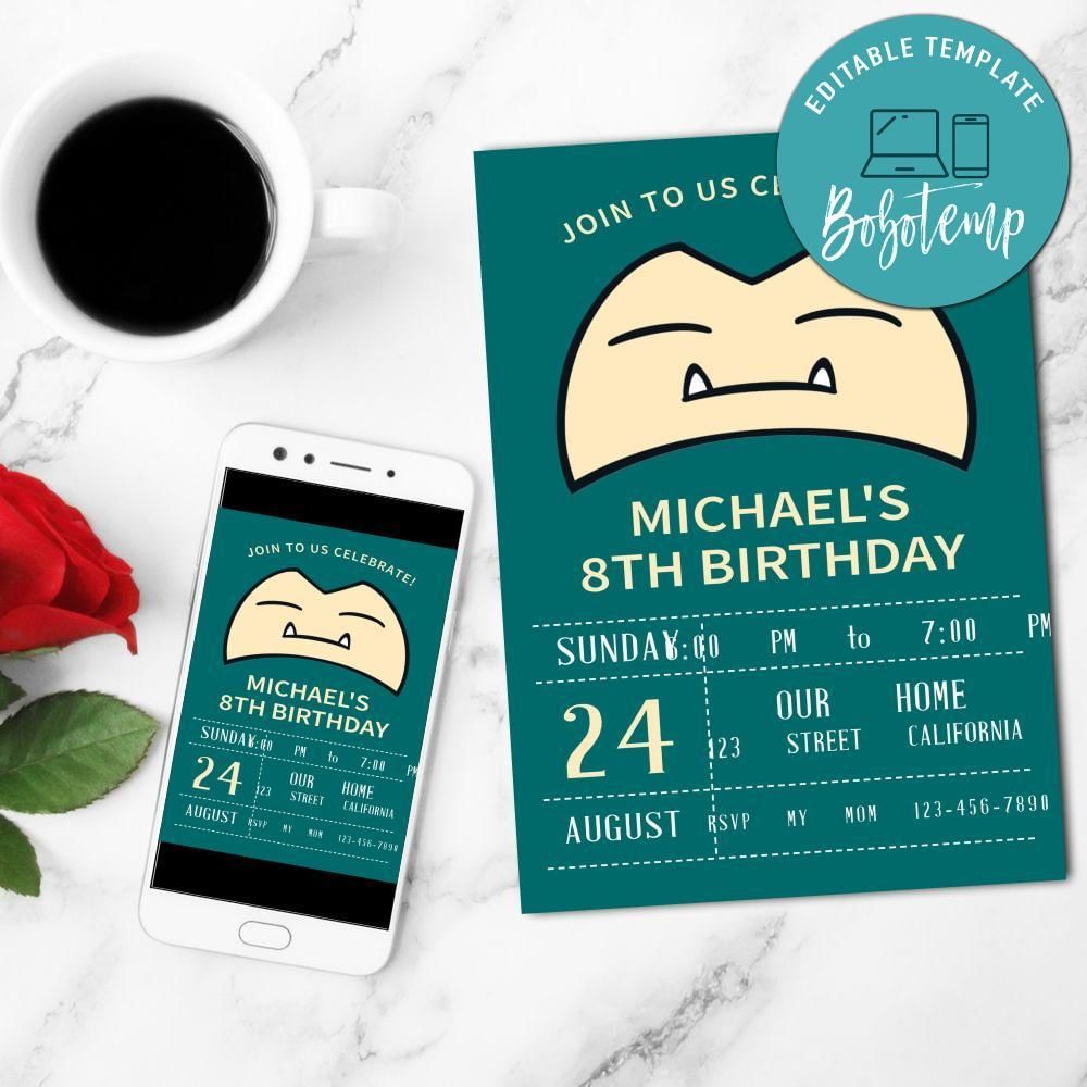 Snorlax Mobile Invite Customizable Template Instant Download