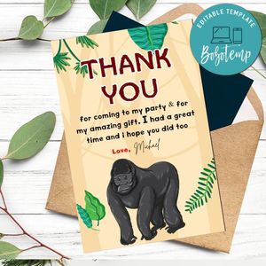 Gorilla Thank You Card Customizable Template To Print At Home Instant Download