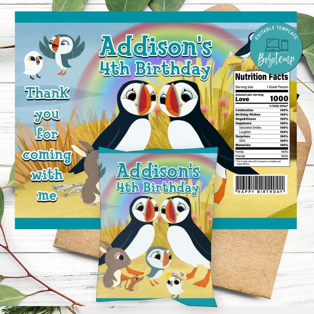 Puffin Rock Birthday Chip Bag Digital File Printable | Bobotemp