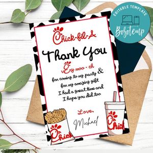 Chick fil a Thank you card Customizable Template to Print at Home Instant Download