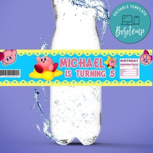 Kirby Birthday Water Bottle Label Template to Print at Home Instant Download