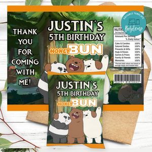 We Bare Bears Birthday Honey Buns Snack Bag Label Customizable Instant Download