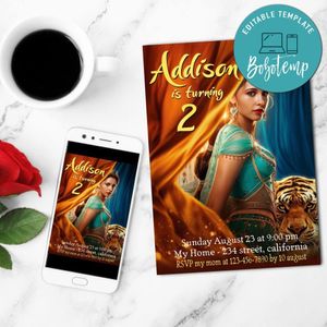 Aladdin Jasmine Birthday Mobile Invite Customizable Template Instant Download