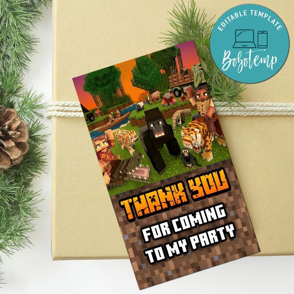 Jungle Minecrafter Thank You Tag Customizable Template To Print At Home Instant Download