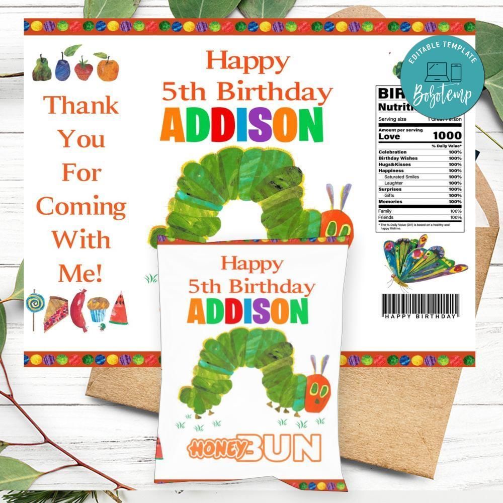 Hungry Caterpillar Birthday Honey Buns Snack Bag Label Customizable Instant Download