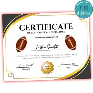 American Football Certificate Template Customizable Instant Download