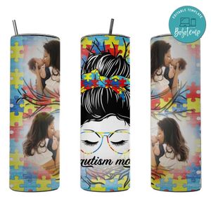 Autism Mom Skinny Steel Tumbler with Straw 20oz 