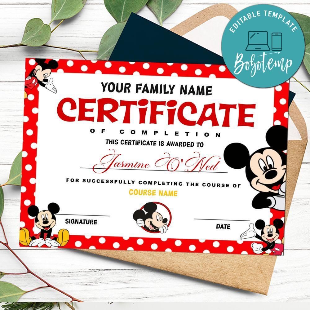 Mickey mouse Certificate Template Customizable Instant Download