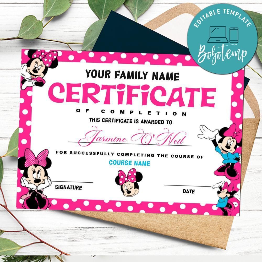 Minnie mouse Certificate Template Customizable Instant Download