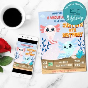 Axolotl Birthday Invitation Template Customizable Instant Download