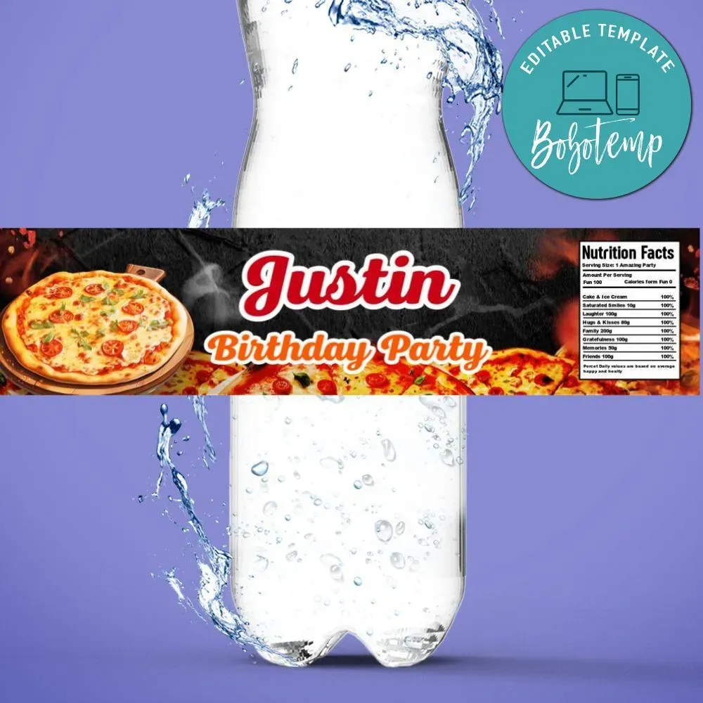 Pizza Party Birthday Bottle Label Customizable template DIY | Bobotemp