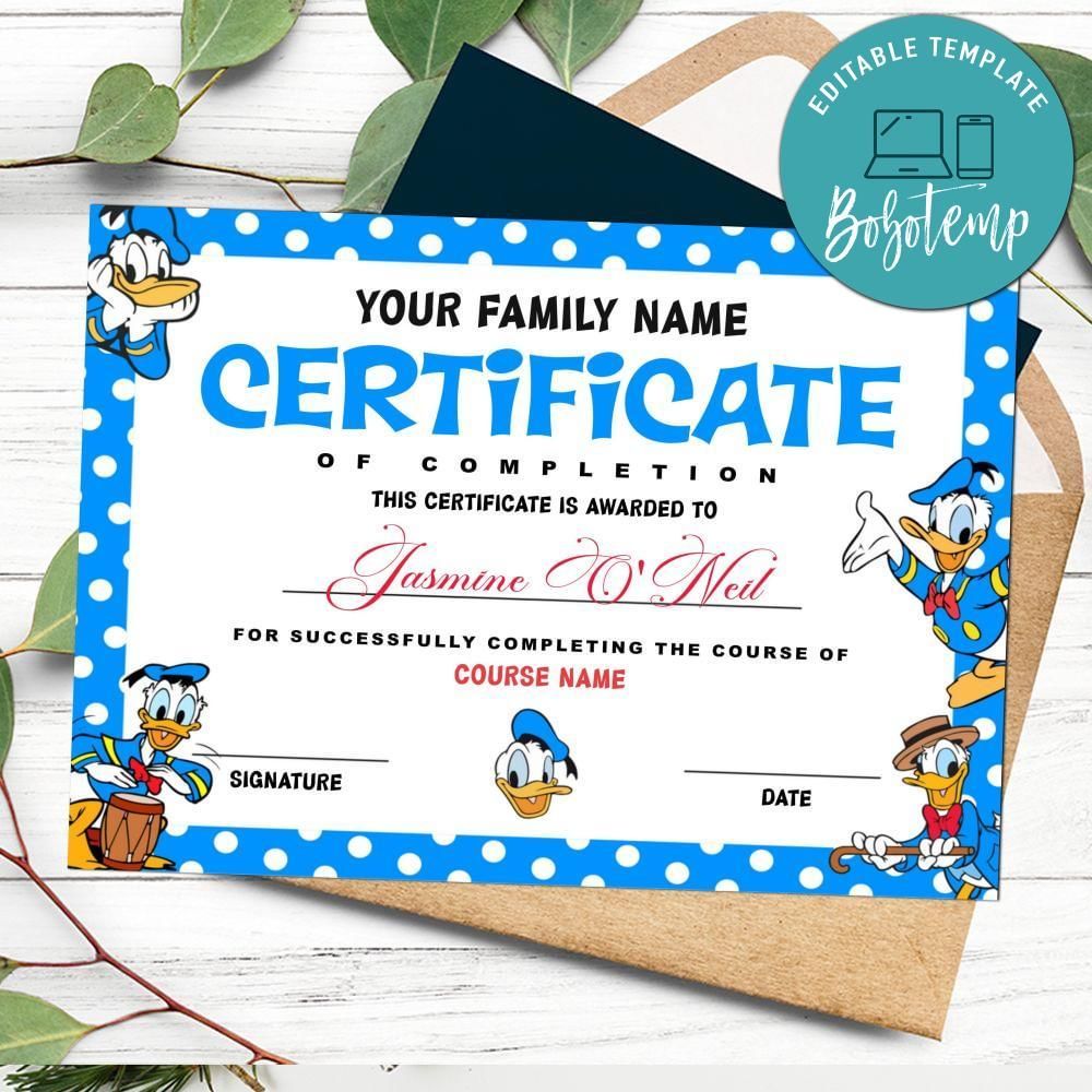 Donald duck Certificate Template Customizable Instant Download