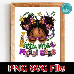 Little miss Mardi Gras afro messy bun kid Customer Request PNG file template