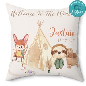 Safari Birth Announcement Pillow Cushion Customizable Template Instant Download