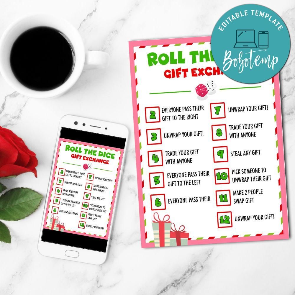 Roll the Dice Holiday Gift Exchange Customizable template DIY | Bobotemp