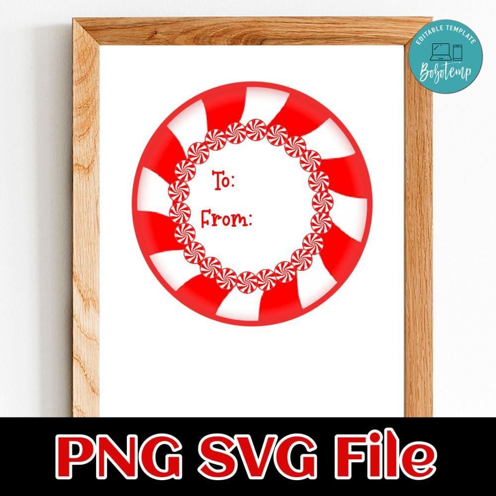 Peppermint Candy Christmas Sticker Circle Template Customizable to Print at Home Instant Download