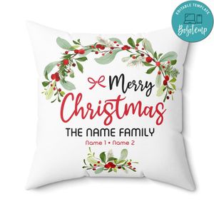 Merry Christmas Family Name Pillow Cushion Customizable Template Instant Download