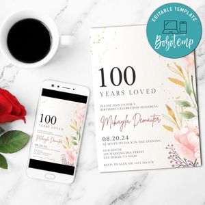 100th Birthday Invitation Template Customizable Instant Download
