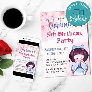 Japanese Doll Birthday Invitation Template Customizable Instant Download