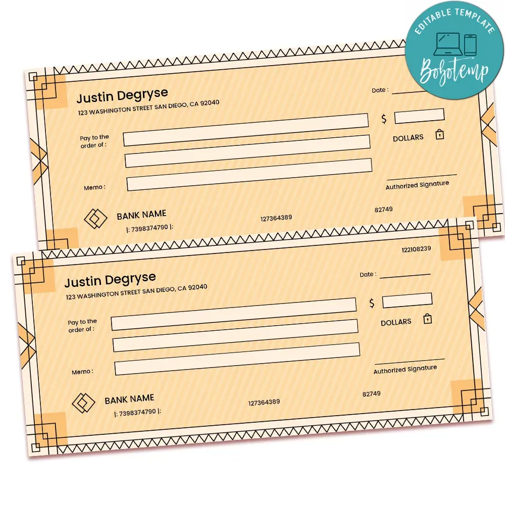 Custom Personal Checks Template Customizable DIY Bobotemp