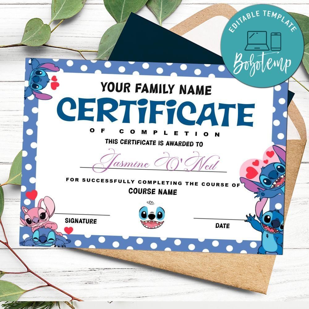 Stitch Certificate Template Customizable Instant Download