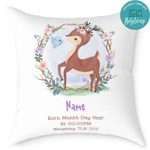 Baby Deer Girl Birth Announcement Pillow Cushion Customizable Template Instant Download